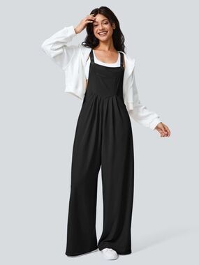 Halara Pockets Waffle Casual Overalls Black